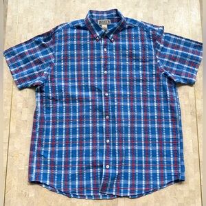 Duluth Trading Co Shirt Mens XL Short Sleeve Red Blue Plaid Seersucker Button Up